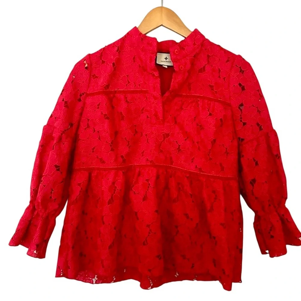 TUCKERNUCK Helena Eyelet Lace Quarter Sleeve Button Up Blouse Shirt - Picture 2 of 7